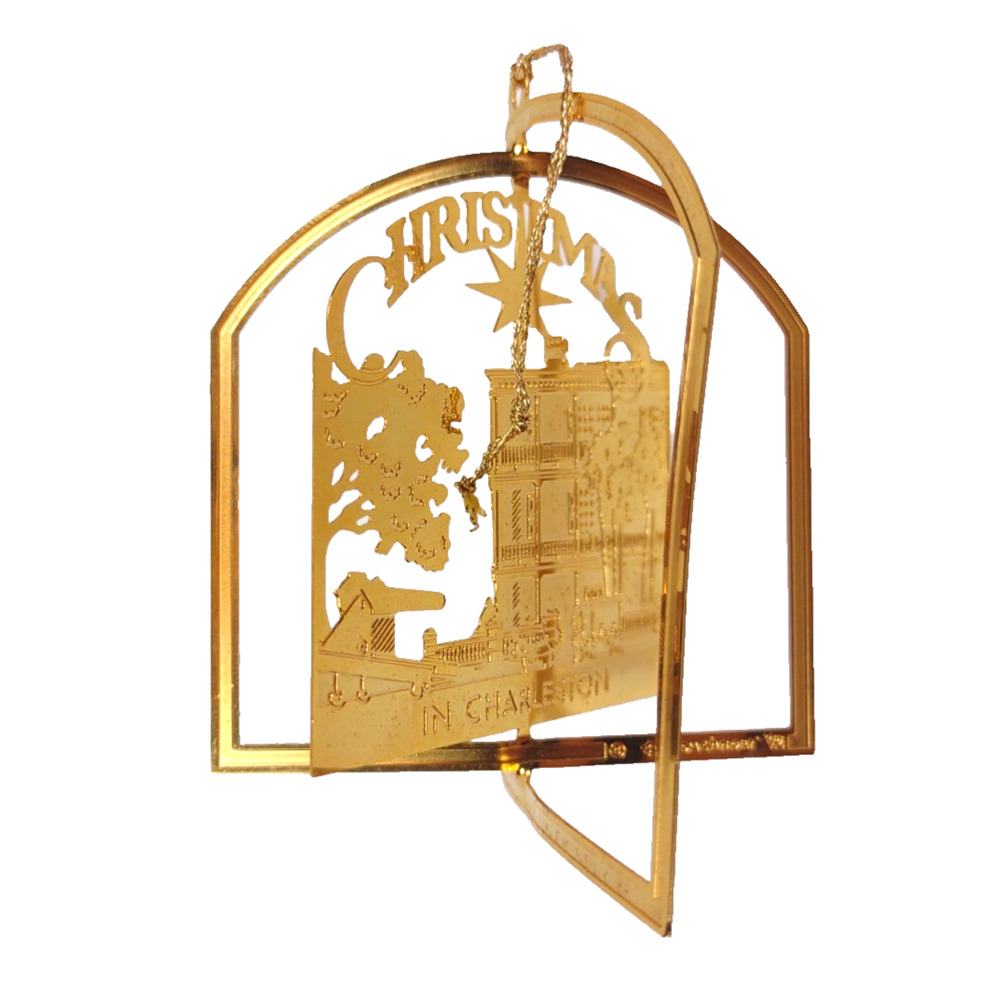 VTG 1992 CHARLESTON SC 24K Gold Plate Flat CHRISTMAS ORNAMENT View From Battery